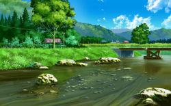 Rule 34 | anchoku 0621, bad id, bad pixiv id, blue sky, bridge, cloud, commentary, day, forest, hill, house, mountain, nature, no humans, outdoors, power lines, river, rock, rural, scenery, sky, summer, tree, utility pole, village, water