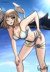 Rule 34 | 1girl, absurdres, beach, bikini, blue eyes, blush, breast tattoo, breasts, brown hair, cleavage, eunie (xenoblade), hand on ass, hand on knee, head wings, highres, izaiah, leaning forward, looking at viewer, medium breasts, medium hair, navel, one eye closed, open mouth, sarong, smile, solo, standing, swimsuit, tattoo, thigh strap, wings, wink, xenoblade chronicles (series), xenoblade chronicles 3