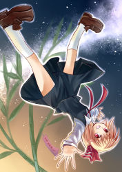 Rule 34 | 1girl, bamboo, blonde hair, bow, dress, embodiment of scarlet devil, female focus, hair bow, highres, long sleeves, looking at viewer, miyakure, nature, open mouth, outdoors, outstretched arms, plant, red eyes, ribbon, rumia, shoes, short hair, sky, socks, solo, star (sky), starry sky, tanabata, touhou, upside-down, vest
