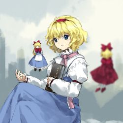 Rule 34 | 1girl, alice margatroid, apron, arm strap, blonde hair, blue dress, blue eyes, blurry, blurry background, book, bow, capelet, commentary, crossed legs, doll, dress, grimoire of alice, hairband, holding, holding book, hourai doll, kaigen 1025, long sleeves, neck ribbon, pink ribbon, puffy short sleeves, puffy sleeves, red bow, red hairband, ribbon, shanghai doll, short hair, short sleeves, sitting, sleeve garter, solo, touhou, waist apron, white apron, white capelet