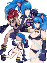 Rule 34 | alternate costume, animal ears, animal hands, bell, bikini, blue eyes, blue hair, breasts, cat ears, cat girl, cat paws, claws, dark persona, earrings, elbow gloves, gloves, highres, jewelry, jingle bell, leona heidern, midriff, multiple views, oni gini, orochi leona, ponytail, red hair, snk heroines: tag team frenzy, swimsuit, the king of fighters, triangle earrings