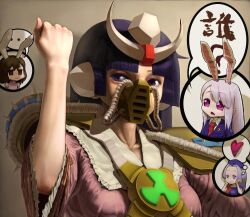 Rule 34 | ..., 4girls, blunt bangs, brown background, brown eyes, brown hair, chinese gundam, clenched hand, closed mouth, collared shirt, commentary request, crescent, crescent pin, extra ears, frilled shirt collar, frills, futsuu, gas mask, gundam, hat, heart, hime cut, houraisan kaguya, inaba tewi, long hair, long sleeves, looking at another, mask, multiple girls, necktie, nurse cap, open mouth, pink hair, pink shirt, purple eyes, purple hair, radiation symbol, red necktie, reisen udongein inaba, shirt, smile, solo focus, spoken ellipsis, spoken heart, touhou, translation request, upper body, yagokoro eirin