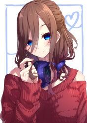 Rule 34 | 1girl, absurdres, alternate costume, alternate hairstyle, blush, brown hair, casual, closed mouth, commentary, eyebrows hidden by hair, eyelashes, go-toubun no hanayome, hair over one eye, half updo, hand up, head tilt, headphones, headphones around neck, heart, highres, long hair, looking at viewer, nail polish, nakano miku, playing with own hair, red nails, red sweater, short ponytail, sidelocks, simple background, sleeves past wrists, smile, solo, straight-on, sweater, tamago sando, upper body, white background
