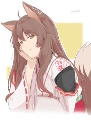 Rule 34 | 1girl, ahoge, animal ears, blush, brown hair, cherry blossom print, closed mouth, detached sleeves, floral print, fox ears, fox tail, fumi (nijisanji), hair between eyes, hair ornament, half-closed eyes, hand on own cheek, hand on own face, japanese clothes, kichihachi, kimono, lace-trimmed sleeves, lace trim, long hair, long sleeves, looking at viewer, miko, nijisanji, obi, obijime, sash, sidelocks, simple background, smile, solo, tail, upper body, virtual youtuber, white background, white kimono, wide sleeves, yellow eyes