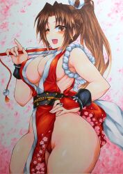 Rule 34 | 1girl, bare shoulders, breasts, brown hair, covered erect nipples, fatal fury, hand fan, hand on own hip, highres, large breasts, long hair, looking at viewer, nenju anarogu ninjen, ninja, one eye closed, pelvic curtain, ponytail, shiranui mai, sleeveless, the king of fighters, traditional media, wide hips, wink