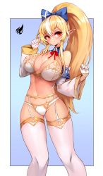 Rule 34 | 1girl, blonde hair, blue bow, blush, border, bow, bra, breasts, closed mouth, dark-skinned female, dark elf, dark skin, detached collar, detached sleeves, elf, feet out of frame, garter belt, gloves, gold trim, hair bow, hand up, high ponytail, highres, hololive, large breasts, lingerie, long hair, looking to the side, neck ribbon, notte, panties, pointy ears, red eyes, red ribbon, ribbon, shiranui flare, shiranui flare (1st costume), smile, solo, standing, tan, thighhighs, underwear, virtual youtuber, white border, white bra, white gloves, white panties, white thighhighs