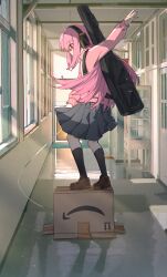 Rule 34 | 1girl, balancing, black footwear, black skirt, black socks, blue eyes, bocchi the rock!, box, can, cardboard box, cardigan, commentary, cropped, dancing, english commentary, floating hair, gotoh hitori, guitar, guitar case, hallway, headphones, highres, holding, holding can, instrument, instrument case, jl tan, loafers, long hair, long sleeves, on box, pink cardigan, pleated skirt, reflective floor, school, shirt, shoes, simple background, skirt, socks, solo, standing on object, sunlight, vanishing point, window
