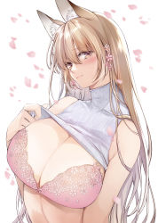 Rule 34 | 1girl, animal ear fluff, animal ears, bare shoulders, blush, bra, breasts, cleavage, clothes lift, earrings, fox ears, fox girl, highres, huge breasts, jewelry, large breasts, lifting own clothes, light brown hair, long hair, looking at viewer, midriff, original, petals, pink bra, revision, shirt lift, shizu-chan, simple background, sleeveless, smile, solo, sweater, underwear, upper body, white background, yellow eyes, yukibuster z