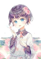 Rule 34 | 1girl, :d, bad id, bad pixiv id, blue eyes, blush, bow, commission, flower, frilled shirt, frills, hair flower, hair ornament, head tilt, holding, long sleeves, looking at viewer, open mouth, original, pink flower, pink rose, purple hair, qlakwnd, red bow, rose, shirt, short hair, simple background, smile, solo, upper body, white background, white shirt, wide sleeves