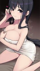 Rule 34 | 1girl, alice gear aegis, bare arms, black eyes, black hair, breasts, cleavage, closed mouth, eyelashes, hand in own hair, hand on own chest, hand up, heart, highres, kagome misaki, large breasts, leaning forward, light blush, long hair, looking at viewer, mole, mole under eye, naked towel, sitting, smile, solo, steam, straight hair, toba kuti, towel, twisted torso, very long hair, wariza, wet, white towel