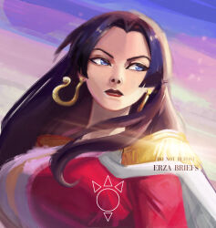Rule 34 | 1girl, absurdres, artist name, black hair, blue eyes, boa hancock, cape, close-up, commentary, earrings, english commentary, epaulettes, erza briefs, floating hair, highres, hime cut, jewelry, long hair, looking to the side, one piece, red lips, red shirt, shirt, sky, snake earrings, solo, sunset, upper body, white cape