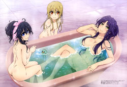 Rule 34 | 10s, 3girls, absurdres, ahoge, alternate hairstyle, animal, arm support, ass, back, barefoot, bath, bathing, bathtub, bird, black hair, blue eyes, blush, body blush, breasts, breasts squeezed together, butt crack, chick, cleavage, clenched hand, completely nude, convenient censoring, crossed legs, dimples of venus, embarrassed, from above, from side, goshouin kyou, hair between eyes, hair censor, hair down, hair intakes, hair over breasts, hair up, hand on own cheek, hand on own face, head rest, high ponytail, highres, knees up, large breasts, legs together, light brown hair, light smile, long hair, long legs, looking at viewer, looking back, megami magazine, multiple girls, navel, netoge no yome wa onna no ko janai to omotta?, nude, official art, orange eyes, parted bangs, partially submerged, pink towel, ponytail, purple hair, same-sex bathing, scan, segawa akane, shared bathing, sideboob, sidelocks, sitting, small breasts, smile, soaking feet, steam, tamaki ako, tile floor, tiles, towel, towel on head, underboob, water, wet, wet hair, yano akane, yellow eyes