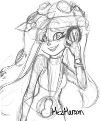 Rule 34 | 1girl, artist name, bandana, bare shoulders, breasts, cephalopod eyes, crop top, eyes visible through hair, female focus, fingerless gloves, gloves, greyscale, hairband, hand up, happy, headphones, highres, jewelry, long hair, looking at viewer, marina (splatoon), mezmaroon, midriff, monochrome, necklace, nintendo, octoling, open mouth, shirt, signature, simple background, sketch, sleeveless, sleeveless shirt, small breasts, smile, solo, splatoon (series), splatoon 2, standing, teeth, tentacle hair, tentacles, white background