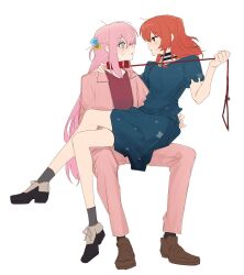 Rule 34 | 2girls, animal collar, arm around shoulder, black footwear, blush, bocchi the rock!, brown footwear, collar, crossed legs, cube hair ornament, dress, eye contact, gotoh hitori, green dress, grey socks, h cho3, hair ornament, hand up, high heels, highres, holding, holding leash, jacket, kita ikuyo, leash, long hair, looking at another, medium hair, multiple girls, open clothes, open jacket, open mouth, pink eyes, pink hair, pink jacket, red hair, red shirt, shirt, shoes, short sleeves, simple background, sitting, sitting on lap, sitting on person, socks, sweat, white background, yuri