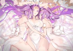 Rule 34 | 3girls, ass, bare shoulders, blush, breasts, breasts apart, collar, collarbone, covered navel, dress, euryale (fate), facial mark, fate/hollow ataraxia, fate/stay night, fate (series), forehead mark, hairband, large breasts, lolita hairband, long hair, looking at viewer, medusa (fate), medusa (rider) (fate), mins (minevi), multiple girls, open mouth, parted lips, purple eyes, purple hair, see-through, smile, stheno (fate), thighs, twintails, very long hair, white dress