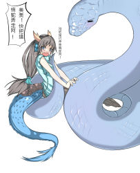 Rule 34 | 1girl, animal, armor, bad id, bad pixiv id, between breasts, black hair, black pantyhose, blue dress, blue eyes, blush, breasts, china dress, chinese clothes, chinese text, closed eyes, denis053, dragon girl, dragon horns, dragon tail, dress, fang, feet, fins, head fins, horns, karin (p&amp;d), legs together, long hair, low-tied long hair, no shoes, open mouth, pantyhose, puzzle &amp; dragons, scales, short sleeves, simple background, snake, tail, text focus, toes, translation request, white background, zuo wei er