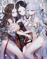 Rule 34 | 3girls, absurdres, bare shoulders, black hair, blue eyes, breasts, brown hair, character request, chinese commentary, commentary request, copyright request, feet out of frame, forehead, fur trim, girl sandwich, highres, horns, long hair, looking at another, medium breasts, multiple girls, off shoulder, one eye closed, red eyes, sandwiched, sheya, silver hair, single horn, thighs