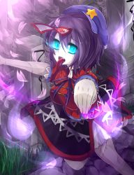 Rule 34 | 1girl, :p, bad id, bad pixiv id, blue eyes, blue hair, fang, female focus, fingernails, ghost, glowing, glowing eyes, graveyard, hat, highres, hitodama, jiangshi, kaenuco, long fingernails, matching hair/eyes, miyako yoshika, ofuda, open mouth, outstretched arms, petals, scar, short hair, skirt, solo, star (symbol), stitches, tombstone, tongue, tongue out, touhou, zombie pose