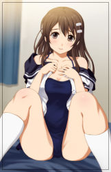 Rule 34 | 1girl, blush, breasts, brown eyes, brown hair, cleavage, collarbone, hair ornament, hairpin, hands on own chest, long hair, looking at viewer, medium breasts, navel, niimi haruka (photokano), off shoulder, one-piece swimsuit, photokano, school swimsuit, school uniform, shian (my lonly life.), short sleeves, smile, solo, spread legs, stomach, swimsuit