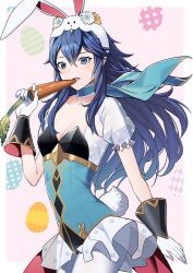 Rule 34 | 1girl, ameno (a meno0), animal ears, blue eyes, blue hair, breasts, carrot, choker, cleavage, eating, fire emblem, fire emblem awakening, fire emblem heroes, food, gloves, leotard, long hair, lucina (fire emblem), nintendo, official alternate costume, open mouth, playboy bunny, rabbit ears, scarf, see-through, small breasts, solo, symbol-shaped pupils
