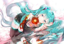 Rule 34 | 1girl, absurdly long hair, aqua eyes, black skirt, black thighhighs, blue hair, blurry, blush, bouquet, closed mouth, depth of field, detached sleeves, dutch angle, flower, hair between eyes, hatsune miku, holding, holding bouquet, light smile, long hair, looking at viewer, lying, on side, petals, phino, pleated skirt, reflection, ripples, sidelocks, skirt, smile, solo, thighhighs, thighs, twintails, very long hair, vocaloid