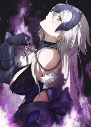 Rule 34 | 1girl, armor, armored dress, bare shoulders, black dress, blush, breasts, chain, cleavage, collar, dress, fate/grand order, fate (series), faulds, fur-trimmed gloves, fur trim, gauntlets, gloves, grey hair, headpiece, highres, jeanne d&#039;arc alter (avenger) (fate), jeanne d&#039;arc alter (avenger) (third ascension) (fate), jeanne d&#039;arc alter (fate), large breasts, long hair, looking at viewer, metal collar, open mouth, ri o ne su, solo, very long hair, yellow eyes