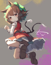 Rule 34 | 1girl, ass, bloomers, brown eyes, brown hair, chen, chii (tsumami tsumamare), closed mouth, earrings, forked tail, from behind, from below, full body, gold trim, green hat, grey background, hair between eyes, hand up, hat, highres, jewelry, juliet sleeves, light smile, long sleeves, looking at viewer, looking back, mob cap, nekomata, paw pose, petticoat, puffy sleeves, red skirt, red vest, shirt, signature, simple background, single earring, skirt, slit pupils, solo, tail, touhou, underwear, upskirt, vest, white shirt