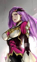Rule 34 | 1girl, absurdres, battle queen katarina, breasts, commentary request, cowboy shot, dress, earrings, from side, gem, highres, jewelry, katarina (league of legends), large breasts, league of legends, long hair, long sleeves, looking at viewer, multicolored clothes, multicolored dress, pink dress, pink hair, red lips, scar, scar across eye, scar on face, smile, solo, wei miao