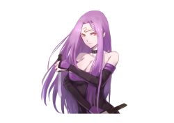 Rule 34 | 1girl, bare shoulders, breasts, cleavage, collar, dress, elbow gloves, facial mark, fate/stay night, fate (series), forehead mark, gloves, highres, knife, large breasts, long hair, medusa (fate), medusa (rider) (fate), purple hair, red eyes, simple background, sleeveless, solo, strapless, strapless dress, type-moon, very long hair, white background, xinuo223