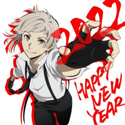 Rule 34 | 1boy, black gloves, black necktie, black pants, bungou stray dogs, closed mouth, full body, gloves, grey hair, highres, looking at viewer, mari (marimaripink), nakajima atsushi (bungou stray dogs), necktie, outstretched hand, pants, shirt, smile, solo, twitter username, white shirt, yellow eyes
