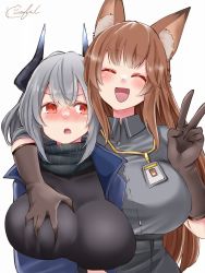 Rule 34 | 2girls, arknights, arm around shoulder, grabbing another&#039;s breast, breasts, brown hair, embarrassed, franka (arknights), grabbing, huge breasts, kasagland, liskarm (arknights), multiple girls, white hair, yuri
