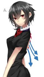 Rule 34 | 1girl, :/, asymmetrical wings, backless dress, backless outfit, black dress, black hair, blush, bow, bowtie, breasts, dress, frills, from side, highres, houjuu nue, looking at viewer, medium breasts, onineko-chan, red bow, red bowtie, red eyes, short sleeves, simple background, solo, squiggle, touhou, upper body, white background, wings
