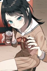 Rule 34 | 1girl, bang dream!, bang dream! it&#039;s mygo!!!!!, black hair, blue eyes, brown dress, can, closed mouth, commentary request, dress, hair ribbon, hanasakigawa school uniform, highres, holding, holding can, juice box, kneeling, long hair, long sleeves, looking at viewer, me a (r party428), red ribbon, ribbon, sailor collar, school uniform, smile, solo, vending machine, white sailor collar, yahata umiri
