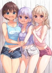Rule 34 | 3girls, aqua eyes, blonde hair, blue shorts, blue tank top, blush, breasts, brown eyes, brown hair, closed mouth, clothes writing, collarbone, hair between eyes, hair ornament, hairclip, highres, iijima yun, large breasts, long hair, looking at viewer, medium breasts, multiple girls, navel, new game!, official art, open mouth, pink shorts, pink tank top, purple eyes, purple hair, purple tank top, shinoda hajime, short hair, shorts, small breasts, suzukaze aoba, tank top, tokunou shoutarou, twintails, white shorts
