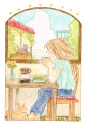 Rule 34 | 1girl, animal, artist name, brown eyes, brown hair, cat, chair, closed mouth, cloud, cup, day, highres, holding, holding cup, oniheya 53, original, painting (medium), short hair, sitting, socks, solo, table, traditional media, watercolor (medium), window, yellow socks