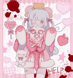 Rule 34 | 1girl, bandaid on thigh, blood, blood splatter, blush, braid, brown eyes, candy, commentary, dress, english commentary, eyepatch, food, fur-trimmed dress, fur trim, grey hair, heart, heart-shaped lollipop, highres, lollipop, long hair, medical eyepatch, mercure 1104, open mouth, original, pink dress, pink ribbon, pink theme, ribbon, shaped lollipop, side braids, smile, stuffed animal, stuffed toy, teddy bear, thighhighs, two side up, white thighhighs