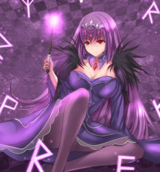 Rule 34 | 1girl, breasts, checkered background, cleavage, dress, fate/grand order, fate (series), feather trim, fur trim, hair between eyes, headpiece, highres, holding, holding wand, large breasts, marionette (excle), pantyhose, purple background, purple dress, purple hair, purple ribbon, red eyes, ribbon, runes, scathach (fate), scathach skadi (fate), sitting, smile, solo, tiara, wand