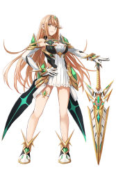 Rule 34 | 1girl, armor, bare shoulders, blonde hair, breasts, cleavage, cleavage cutout, clothing cutout, dress, gloves, headpiece, highres, large breasts, long hair, looking at viewer, mythra (xenoblade), nintendo, redpoke, solo, swept bangs, sword, thigh strap, tiara, weapon, xenoblade chronicles (series), xenoblade chronicles 2, yellow eyes