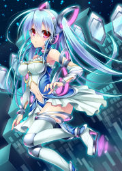 Rule 34 | 1girl, bad id, bad pixiv id, bare shoulders, blue hair, blush, boots, bracelet, breasts, brooch, cleavage, clothing cutout, gem, hair between eyes, hexagon, high heels, highres, jewelry, large breasts, long hair, looking at viewer, nail polish, navel, navel cutout, original, red eyes, skirt, thigh boots, thighhighs, twintails, ueno tsuki, very long hair, zettai ryouiki