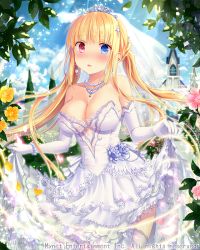 Rule 34 | 1girl, blonde hair, blue eyes, blush, bracelet, breasts, bride, cleavage, clothes lift, dress, earrings, elbow gloves, falkyrie no monshou, gloves, heterochromia, jewelry, large breasts, lifting own clothes, long hair, looking at viewer, natsumekinoko, necklace, official art, parted lips, red eyes, skirt, skirt lift, solo, thighhighs, wedding, wedding dress, white gloves, white thighhighs
