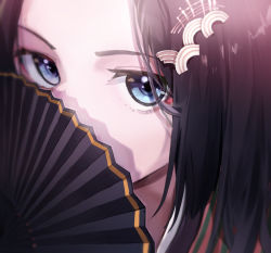 Rule 34 | 1girl, black hair, blue eyes, close-up, commentary request, covering own mouth, folding fan, forehead, hair ornament, hairclip, hand fan, long hair, looking at viewer, original, porch5681, portrait, solo