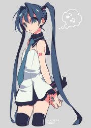 Rule 34 | 1girl, arms behind back, beamed quavers, black thighhighs, blue eyes, blue hair, character name, cropped legs, detached collar, dress, grey background, hatsune miku, highres, long hair, matching hair/eyes, mochizuki kei, musical note, nail polish, necktie, quaver, simple background, solo, strapless, strapless dress, thighhighs, thought bubble, twintails, very long hair, vocaloid, yamada kei, zettai ryouiki