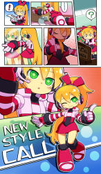 Rule 34 | !, ..., 0 0, 1girl, ?, ^^^, alternate costume, android, blonde hair, boots, box, call (mighty no. 9), call f, character name, comic, commentary, dress, dressing, english text, closed eyes, green eyes, hair down, headset, index finger raised, jacket, knee boots, kneeling, long hair, looking at viewer, mighty no. 9, mirror, multiple views, natsume yuji, natsume yuuji, o o, official art, one eye closed, outline, ponytail, reflection, shadow, silent comic, smile, striped, undressing