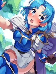 Rule 34 | 1boy, 1girl, arm grab, armor, blue eyes, blue hair, blush, boris (noborhys), breastplate, clothed sex, commentary request, cum, cum in pussy, day, fire emblem, fire emblem: the binding blade, fire emblem heroes, foreshortening, from below, gloves, headband, hetero, highres, klein (fire emblem), nintendo, open mouth, outdoors, panties, panty pull, sex, sex from behind, short hair, shoulder armor, skirt, solo focus, standing, sweat, thea (fire emblem), thighhighs, underwear