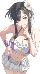 Rule 34 | 1girl, bare shoulders, black hair, blush, breasts, cleavage, closed mouth, collarbone, cowboy shot, crop top, final fantasy, final fantasy vii, final fantasy vii remake, flower, hair flower, hair ornament, hair ribbon, hand on own hip, head tilt, highres, huge breasts, legs together, looking at viewer, miniskirt, navel, one eye closed, parted bangs, pleated skirt, red eyes, ribbon, shirt, short hair with long locks, sidelocks, simple background, skirt, smile, solo, stomach, sysen, thick thighs, thighs, tifa lockhart, v over mouth, white background, white flower, white ribbon, white shirt, white skirt