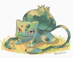 Rule 34 | bright pupils, bulbasaur, claws, closed mouth, commentary request, creatures (company), fangs, fangs out, full body, game freak, gen 1 pokemon, kotone11152, lying, nintendo, no humans, on stomach, plant, pokemon, pokemon (creature), red eyes, smile, solo, twitter username, vines, white background, white pupils