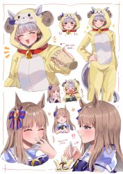 Rule 34 | &gt; &lt;, 2girls, absurdres, alternate costume, animal ears, animal hood, blue eyes, blush, blush stickers, bow, closed eyes, closed mouth, commentary request, ear bow, ear ornament, eating, food, food on face, gold ship (umamusume), grass wonder (umamusume), grey hair, highres, holding, holding spoon, hood, hoodie, horse ears, horse girl, horse tail, ice cream, long hair, long sleeves, mare ma, multicolored hair, multiple girls, multiple views, onesie, open mouth, purple bow, purple eyes, purple shirt, shirt, smile, spoon, streaked hair, tail, umamusume, white hair, yellow hoodie