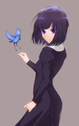 Rule 34 | 1girl, absurdres, bird, blue bird, clothing request, expressionless, gluteal fold, grey background, highres, kuonji alice, looking at viewer, mahou tsukai no yoru, purple eyes, purple hair, shichiroku (pixiv 25029782), short hair, solo, type-moon