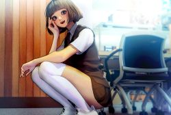 Rule 34 | 1girl, bob cut, brown eyes, brown hair, brown skirt, brown sweater vest, chair, collared shirt, commentary request, desk, from side, hand up, highres, indoors, jungon kim, looking at viewer, looking to the side, miniskirt, open mouth, original, pleated skirt, shirt, shoes, short hair, skirt, smile, sneakers, solo, squatting, sweater vest, tareme, teeth, thighhighs, upper teeth only, white background, white footwear, white thighhighs, wing collar