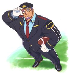 Rule 34 | 1boy, adjusting clothes, adjusting headwear, ball, bara, dark-skinned male, dark skin, employee uniform, facial hair, field, foreshortening, from above, full body, gloves, goatee, highres, live a hero, mature male, muscular, muscular male, necktie, pectorals, rugby ball, shaft (live a hero), short hair, sideburns, sideburns stubble, stubble, thick eyebrows, two-tone beard, uniform, yakisoba ohmori
